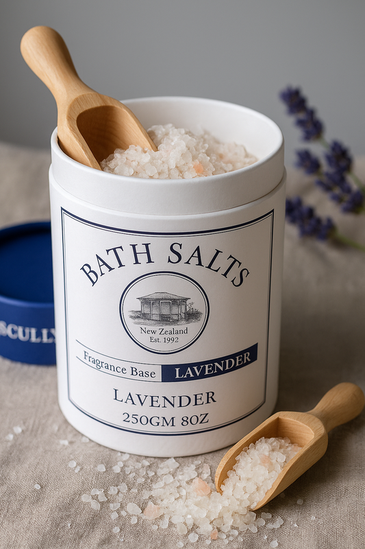 Bild 1: Scullys Lavendelsalt – 250g blåvit burk med locket av och dekoration