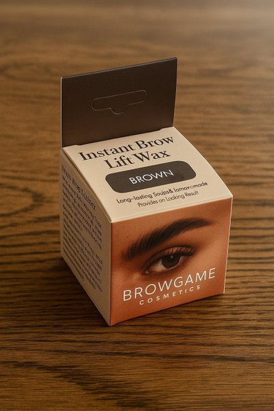 Browgame Instant Brow Lift Wax – brun ögonbrynsvax i kompakt förpackning - på brunt träbord