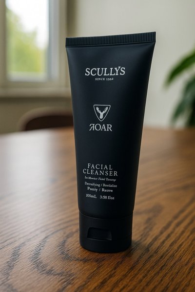 ROAR Men's Facial Cleanser – 100 ml svart tub från Scullys - stående på brunt träbord med fönstervy