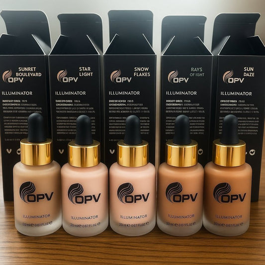 OPV Beauty Liquid Illuminators – 6 nyanser i glasflaskor på träbord